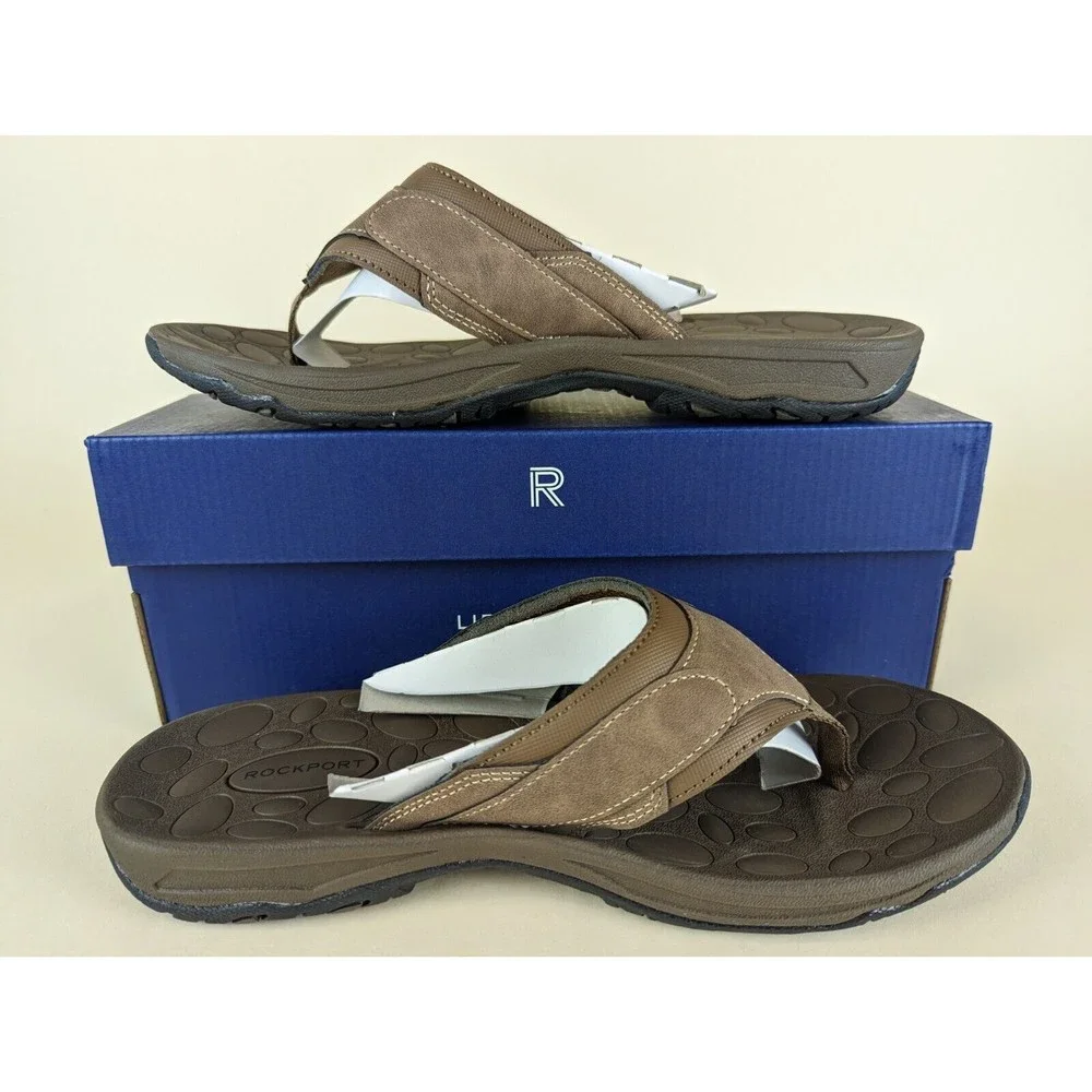 Rockport Hayes Thong Sandals Mens 9M Tan Faux Leather Toe-Post Shoes NWB